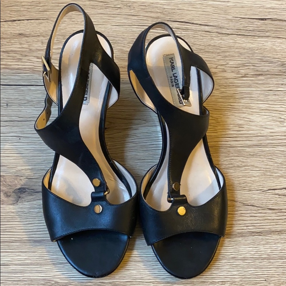 Leather Karl Lagerfeld Paris 1920s inspired open toed sling back wedge shoes